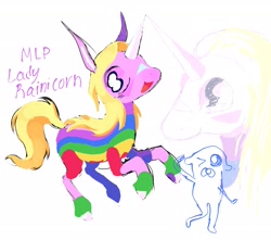 Size: 2267x2000 | Tagged: safe, artist:heartwoozy, dog, pony, unicorn, semi-anthro, adventure time, crossover, duo, duo male and female, female, female focus, horn, jake the dog, lady rainicorn, male, mare, one eye closed, ponified, rule 85, solo focus, tail, wink