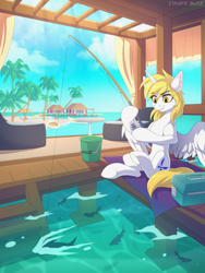 Size: 2160x2872 | Tagged: safe, artist:strafe blitz, oc, oc only, oc:star nai, alicorn, fish, pony, alicorn oc, beach, belly, bucket, cel shading, cloud, concave belly, crepuscular rays, curtains, day, depth of field, ear fluff, female, fishing, hoof hold, horn, mare, ocean, outdoors, palm tree, partially open wings, shading, sitting, sky, slender, solo, thin, toolbox, tree, underhoof, water, wings, wood