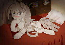 Size: 2239x1555 | Tagged: safe, artist:pursoul, oc, oc only, oc:nontoxic mercury, oc:水银不毒, earth pony, pony, bed, bedroom, bedroom eyes, blushing, book, bookshelf, curtains, cute, female, looking at you, lying down, mare, pillow, prone, signature, solo, sploot, tentacles