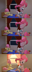 Size: 1920x4320 | Tagged: safe, artist:papadragon69, li'l cheese, pinkie pie, g4, my little pony: friendship is magic, the last problem, 3d, bags under eyes, book, clapping, comic, old master q, older, older pinkie pie, parody, reading, reference, source filmmaker, sunrise