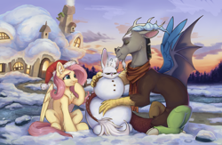 Size: 4600x3000 | Tagged: safe, artist:dorkmark, angel bunny, discord, fluttershy, draconequus, pegasus, pony, rabbit, g4, angel bunny is not amused, animal, clothes, detailed background, duo, duo male and female, eyes closed, female, fluttershy's cottage, happy, house, male, mismatched horns, mismatched wings, scenery, smiling, snow, snowman, sunset, unamused, wings, winter, winter clothes, winter outfit