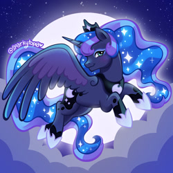 Size: 1280x1280 | Tagged: safe, artist:sparkytopia, princess luna, alicorn, pony, g4, cloud, crown, female, flying, jewelry, looking at you, mare, moon, regalia, signature, smiling, solo, spread wings, stars, wings