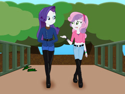 Size: 2560x1920 | Tagged: safe, artist:gibsterboy5, rarity, sweetie belle, human, equestria girls, g4, belt, boots, bracelet, bridge, clothes, complex background, denim, duo, female, hairband, headband, high heel boots, high heels, hoodie, jacket, jeans, jewelry, leather, leather boots, looking at each other, looking at someone, midriff, older, older sweetie belle, pants, shoes, siblings, signature, sisters, talking, thigh boots, tree, walking