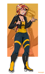 Size: 2031x3321 | Tagged: safe, artist:martinrozalski, color edit, edit, sunset shimmer, human, g4, boots, breasts, cleavage, clothes, colored, denim, female, high heel boots, humanized, jacket, jeans, one eye closed, pants, shirt, shoes, solo, wink