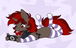 Size: 1199x751 | Tagged: safe, artist:trickate, oc, oc only, pony, unicorn, anthro, unguligrade anthro, :p, clothes, cute, detached sleeves, dragon plushie, gaming, holding, legs in air, lying down, male, playstation, playstation portable, plushie, prone, socks, solo, stockings, striped socks, tail, thigh highs, tongue out, underhoof