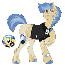 Size: 1000x1000 | Tagged: safe, artist:kazmuun, strike, earth pony, pony, g4, alternate design, bandaid, bandaid on nose, blush lines, blushing, butt fluff, cheek fluff, clothes, colored hooves, colt, ear fluff, foal, hoof on chest, leg fluff, male, older, raised hoof, shirt, simple background, solo, splotches, standing, transparent background