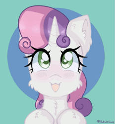 Size: 519x560 | Tagged: safe, artist:bubblegooey, part of a set, sweetie belle, pony, unicorn, g4, :3, :d, adorable face, animated, blushing, bust, cheek fluff, chest fluff, curly mane, cute, daaaaaaaaaaaw, diasweetes, ear fluff, eye shimmer, female, filly, fluffy, foal, gif, green background, green eyes, happy, hoof fluff, horn, looking at you, looking up, looking up at you, neck fluff, open mouth, open smile, pink mane, signature, simple background, smiling, smiling at you, solo, sparkly eyes, weapons-grade cute, white coat, wingding eyes