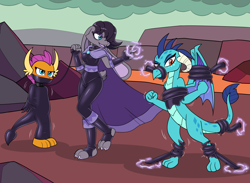 Size: 3000x2200 | Tagged: safe, artist:nivek15, princess ember, smolder, oc, oc:viola, dragon, rabbit, anthro, g4, animal, bondage, bound and gagged, breasts, cape, choker, clothes, collar, commission, dragon lands, dragoness, encasement, female, femdom, fingerless gloves, gag, gloves, hair over one eye, high res, latex clothes, leash, living latex, long gloves, magic, non-mlp oc, open mouth, open smile, pet play, smiling, sorceress, squirming, struggling, summoning, tentacle bondage, tentacles, toeless legwear, trio, trio female