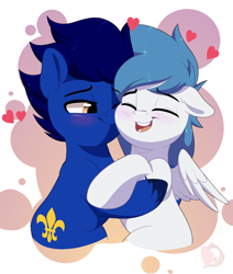 Size: 3232x3811 | Tagged: safe, artist:joaothejohn, oc, oc only, oc:deevfactor, oc:starlie, earth pony, pegasus, pony, blushing, cheek kiss, commission, couple, cute, earth pony oc, eyes closed, holiday, kissing, lidded eyes, male, pegasus oc, shipping, smiling, stallion, valentine's day, wings, ych result