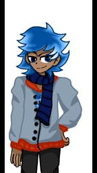 Size: 720x1280 | Tagged: safe, artist:gabriel, oc, oc:wolf blake, human, blue hair, clothes, grin, humanized, humanized oc, jacket, light skin, looking at you, scarf, simple background, smiling, striped scarf, white background