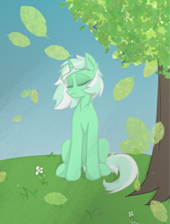 Size: 1033x1360 | Tagged: safe, artist:門久, lyra heartstrings, pony, unicorn, g4, background pony, eyes closed, leaves, solo, tree