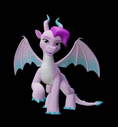 Size: 1186x1271 | Tagged: safe, artist:fynamic, jade (g5), dragon, g5, my little pony: make your mark, 3d, 3d model, black background, blender, blender cycles, claws, dragoness, female, horns, looking at you, open mouth, open smile, raised claw, simple background, smiling, solo, spread wings, tail, wings