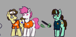 Size: 1204x589 | Tagged: safe, artist:smushybroner, oc, oc only, oc:lokloy, oc:paintedskies, oc:smushy, earth pony, pony, unicorn, 420, 69 (number), clothes, gray background, prison outfit, prisoner, simple background, warden