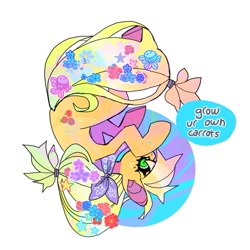 Size: 1021x1021 | Tagged: safe, artist:cutesykill, applejack, earth pony, fish, pony, g4, beauty mark, body freckles, bow, colored sclera, covering mouth, dialogue, female, flower, flower in hair, flower in tail, freckles, green eyes, hair accessory, hair bow, hairclip, mare, missing accessory, neckerchief, no mouth, ponytail, simple background, solo, speech bubble, stars, tail, talking, talking to viewer, text, tied tail, white background