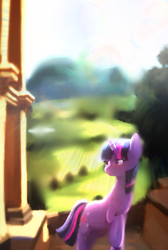 Size: 756x1124 | Tagged: safe, artist:idlyabetteliina, twilight sparkle, pony, unicorn, g4, crepuscular rays, female, looking back, mare, smiling, solo, sunlight, unicorn twilight