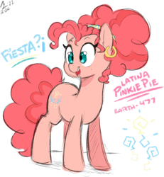 Size: 1924x2080 | Tagged: safe, artist:aer0 zer0, pinkie pie, earth pony, pony, g4, alternate hairstyle, aside glance, beautiful, cute, diapinkes, ear piercing, earring, equus-477, explicit source, female, jewelry, latina pinkie pie, looking at you, mare, open mouth, piercing, simple background, smiling, solo, text, white background