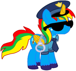 Size: 633x597 | Tagged: safe, artist:shieldwingarmorofgod, oc, oc only, oc:shield wing, alicorn, clothes, cuffs, glasses, hat, male, necktie, police officer, simple background, solo, sunglasses, transparent background, uniform