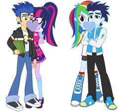 Size: 750x681 | Tagged: safe, artist:zmcdonald09, flash sentry, rainbow dash, sci-twi, soarin', twilight sparkle, human, equestria girls, g4, boots, clothes, female, high heel boots, jacket, male, ship:flashlight, ship:sci-flash, ship:soarindash, shipping, shirt, shoes, simple background, skirt, socks, straight, vest, white background