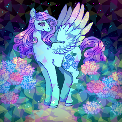 Size: 500x500 | Tagged: safe, artist:suippumato, pegasus, pony, female, flower, mare, solo, spread wings, turned head, wings