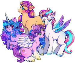 Size: 1420x1190 | Tagged: safe, artist:suippumato, izzy moonbow, pipp petals, sunny starscout, zipp storm, earth pony, pegasus, pony, unicorn, g5, blushing, female, mare, royal sisters (g5), siblings, simple background, sisters, smiling, spread wings, transparent background, wings