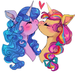 Size: 1000x970 | Tagged: safe, artist:suippumato, izzy moonbow, sunny starscout, alicorn, earth pony, pony, unicorn, g5, blue eyes, bust, commission, duo, eyes closed, female, heart, kiss on the lips, kissing, lesbian, mane stripe sunny, mare, race swap, ship:moonscout, shipping, simple background, sunnycorn, transparent background