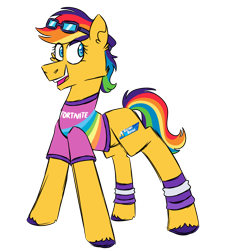 Size: 900x1000 | Tagged: safe, artist:fuckomcfuck, oc, oc only, oc:fortnite, earth pony, pony, #1, clothes, fortnite, goggles, multicolored hair, rainbow hair, shirt, simple background, solo, transparent background, victory royale