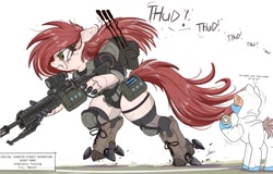Size: 1500x957 | Tagged: safe, artist:ncmares, oc, oc:recce, cyborg, earth pony, pony, semi-anthro, artificial feet, artificial hands, backpack, big mare, bipedal, butt, clothes, cyberpunk, female, garter, gun, knee pads, lab coat, machine gun, mare, onomatopoeia, plot, radio, running, shoes, socks, soldier, soldier pony, stopwatch, tactical vest, talking, text, weapon