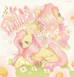 Size: 1280x1315 | Tagged: safe, artist:hannipw, fluttershy, pegasus, pony, g4, blushing, concerned, female, flower, frown, grass, green eyes, hair over one eye, leaves, looking at you, lying down, lying in grass, mare, partially open wings, pink mane, pink tail, pink text, prone, signature, sitting, spread wings, tail, text, watermark, wingding eyes, wings