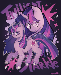 Size: 1114x1377 | Tagged: safe, artist:hannipw, twilight sparkle, pony, unicorn, g4, blushing, colored hooves, female, freckles, frown, glasses, horn, looking away, mare, multicolored mane, multicolored tail, purple eyes, purple text, raised hoof, round glasses, shiny hooves, signature, sparkles, tail, text, twilight sparkle is not amused, unamused, unicorn twilight, unshorn fetlocks, watermark, wingding eyes