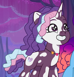 Size: 924x963 | Tagged: safe, screencap, misty brightdawn, violette rainbow, pony, unicorn, g5, my little pony: tell your tale, swirlpool starlight, spoiler:g5, spoiler:my little pony: tell your tale, spoiler:tyts02e06, bridlewood, cropped, dreadlocks, duo, duo female, female, filly, foal, grin, horn, jewelry, mare, necklace, outdoors, rebirth misty, smiling, solo focus, sparkly eyes, tail, tree, vitiligo, wingding eyes