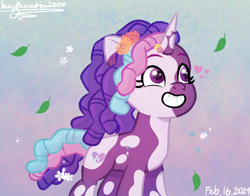 Size: 1430x1120 | Tagged: safe, artist:izzymoonbow2006, violette rainbow, pony, unicorn, g5, my little pony: tell your tale, swirlpool starlight, spoiler:g5, spoiler:my little pony: tell your tale, spoiler:tyts02e06, 2024, cute, dreadlocks, falling leaves, female, filly, flower, foal, grin, horn, leaves, scene interpretation, signature, smiling, solo, sparkly eyes, tail, violettebetes, vitiligo, wingding eyes