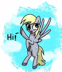 Size: 2552x2922 | Tagged: safe, artist:scandianon, derpy hooves, pegasus, pony, g4, female, flying, looking at you, mare, open mouth, open smile, sky, smiling, smiling at you, solo, talking to viewer, waving