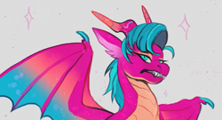 Size: 3467x1870 | Tagged: safe, artist:topolok, blaize skysong, dragon, g5, bust, dragoness, fangs, female, gray background, horns, looking at you, portrait, sharp teeth, simple background, solo, sparkles, spread wings, teeth, unamused, wings