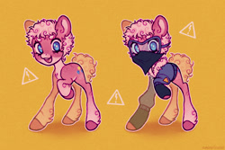 Size: 1087x724 | Tagged: safe, artist:emobricosss, pinkie pie, earth pony, g4, alternate color palette, alternate design, alternate hairstyle, alternate tailstyle, bandana, beanbrows, blue eyes, buzzcut, chest fluff, clothes, coat markings, colored eyebrows, colored hooves, colored muzzle, curly mane, curly tail, ear fluff, eyebrows, eyelashes, female, fetlock tuft, freckles, gloves, goggles, hoof fluff, infection au, jacket, looking at you, mare, open mouth, open smile, pale belly, pink mane, pink tail, raised hoof, redesign, simple background, smiling, socks (coat markings), tail, teeth, texture, warning sign, wingding eyes, yellow background