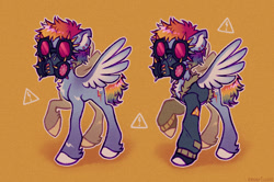Size: 1098x728 | Tagged: safe, artist:emobricosss, rainbow dash, pegasus, pony, g4, alternate design, alternate hairstyle, alternate tailstyle, buzzcut, clothes, coat markings, colored eartips, colored hooves, colored wings, colored wingtips, curly mane, curly tail, ear piercing, earring, female, fetlock tuft, gas mask, gloves, goggles, infection au, jacket, jewelry, mare, mask, mlp infection, multicolored hair, multicolored mane, multicolored tail, piercing, rainbow hair, rainbow tail, raised hoof, redesign, short mane, short tail, simple background, socks (coat markings), spread wings, tail, texture, torn ear, two toned wings, warning sign, wings, yellow background