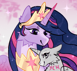 Size: 2946x2697 | Tagged: safe, artist:topolok, twilight sparkle, alicorn, pony, g4, the last problem, commission, crown, duo, female, horn, jewelry, mare, neck fluff, older, older twilight, older twilight sparkle (alicorn), peytral, princess twilight 2.0, regalia, smiling, sparkles, twilight sparkle (alicorn), wings, ych result
