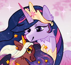 Size: 2946x2697 | Tagged: safe, artist:topolok, twilight sparkle, oc, alicorn, pony, g4, the last problem, commission, crown, duo, ear piercing, earring, female, horn, jewelry, mare, neck fluff, older, older twilight, older twilight sparkle (alicorn), peytral, piercing, princess twilight 2.0, regalia, smiling, sparkles, twilight sparkle (alicorn), wings, ych result