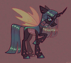 Size: 1280x1131 | Tagged: safe, alternate version, artist:emobricosss, oc, changeling, pony, brown background, changeling oc, colored hooves, ear piercing, earring, emo, frown, horn, insect wings, jewelry, looking away, male, not chrysalis, piercing, raised hoof, shiny hooves, shiny mane, shiny tail, simple background, solo, spread wings, stallion, standing, straight mane, straight tail, texture, wingding eyes, wings