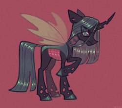 Size: 1280x1131 | Tagged: safe, alternate version, artist:emobricosss, oc, changeling, pony, changeling oc, colored hooves, ear piercing, earring, emo, frown, horn, insect wings, jewelry, looking away, male, not chrysalis, piercing, raised hoof, red background, shiny hooves, shiny mane, shiny tail, simple background, solo, spread wings, stallion, standing, straight mane, straight tail, texture, wingding eyes, wings