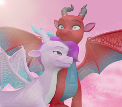 Size: 1142x999 | Tagged: safe, artist:fynamic, jade (g5), lava (g5), dragon, g5, my little pony: make your mark, 3d, dragoness, female, folded wings, hug, male, ship:java, shipping, shocked, shocked expression, wings