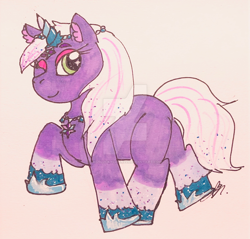 Size: 800x766 | Tagged: safe, artist:missluckychan22, violet frost, auroricorn, pony, g5, my little pony: make your mark, my little pony: make your mark chapter 6, secrets of starlight, deviantart watermark, female, hoof shoes, horn, jewelry, mare, necklace, obtrusive watermark, one eye closed, raised hoof, solo, sparkly eyes, tail, traditional art, watermark, wingding eyes, wink