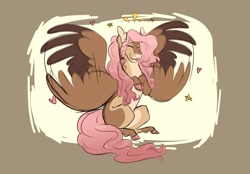 Size: 2360x1640 | Tagged: safe, artist:angstyram, fluttershy, pegasus, pony, g4, alternate design, brown background, cute, emanata, eyes closed, female, flapping wings, lip bite, mare, missing cutie mark, shyabetes, simple background, sitting up, smiling, solo, stimming, wings