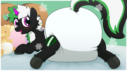 Size: 5760x3240 | Tagged: safe, artist:fillyscoots42, oc, oc:jareth guardstripe, hybrid, skunk, skunk pony, unicorn, abdl, bed, diaper, diaper butt, diaper fetish, diapered, fetish, hybrid oc, impossibly large diaper, looking back, lying down, male, non-baby in diaper, on bed, open mouth, open smile, poofy diaper, prone, smiling, solo