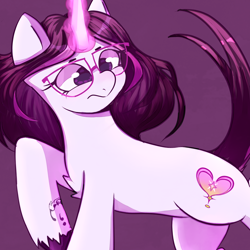 Size: 2000x2000 | Tagged: safe, oc, oc only, unicorn, glasses, glowing, glowing horn, horn, purple background, simple background, solo