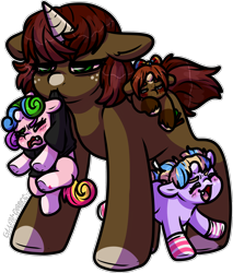 Size: 1430x1676 | Tagged: safe, artist:sexygoatgod, oc, oc only, oc:cinnamon sugar, oc:little bud, oc:love letters, oc:rainy shine, pony, unicorn, aunt and niece, clothes, female, mother and child, mother and daughter, shirt, simple background, socks, t-shirt, transparent background