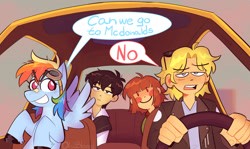 Size: 2048x1223 | Tagged: safe, artist:oh2bloved, rainbow dash, human, pegasus, pony, g4, spoiler:amphibia, amphibia, car, chara, crossover, dialogue, driving, female, goofy movie meme, male, mare, meme, no, older, omori, sasha waybright, speech bubble, spoilers for another series, sunny (omori), undertale