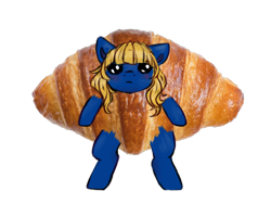 Size: 800x600 | Tagged: source needed, safe, artist:ghostyglue, oc, oc only, oc:snus, earth pony, pony, blue fur, blushing, bread, clone, croissant, food, ponies in food, silly, simple background, solo, transparent background, yellow mane