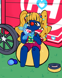 Size: 1024x1280 | Tagged: safe, artist:ghostyglue, oc, oc:snus, semi-anthro, balloon, balloon animal, blue fur, clown, clown nose, complex background, food, grass, hair tie, hairclip, ham, heart, hmart, hooves, meat, overall shorts, pet bowl, pigtails, red nose, silly, sitting, solo, twintails, wagon, yellow mane