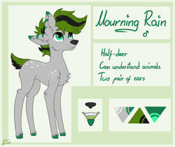 Size: 1913x1615 | Tagged: safe, artist:lambydwight, oc, oc:mourning rain, deer, hybrid, pony, chest fluff, concave belly, four ears, reference sheet, simple background, slender, thin, tongue out