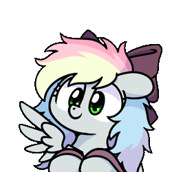 Size: 500x500 | Tagged: safe, artist:sugar morning, oc, oc only, oc:blazey sketch, pegasus, pony, animated, bow, clothes, green eyes, grey fur, hair bow, multicolored hair, simple background, solo, sweater, transparent background, wiggle